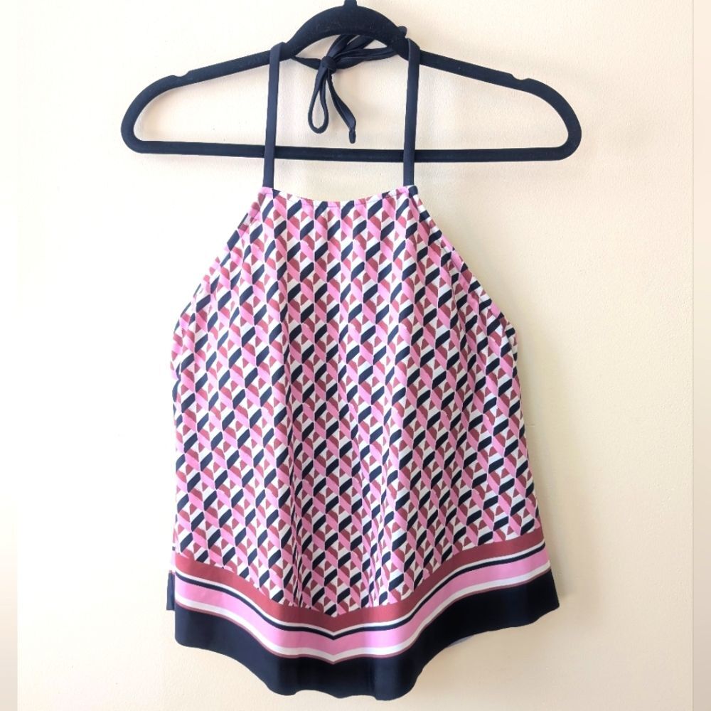 Kona Sol Pink Black Geometric Halter Bikini Tankini Top
